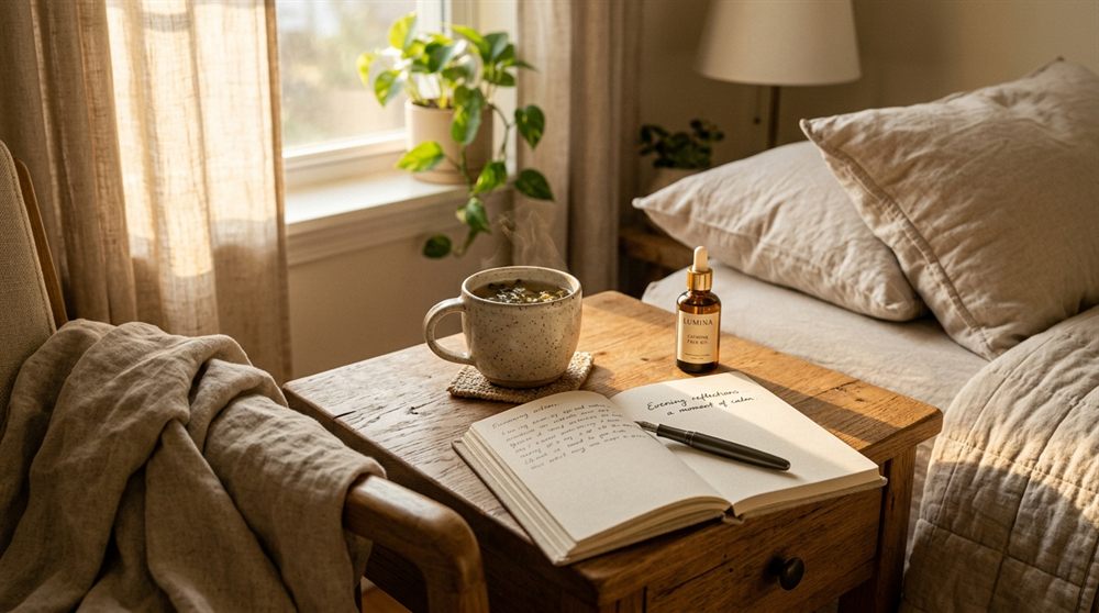 Calm everyday self-care scene with warm herbal tea, journal, and botanical face oil