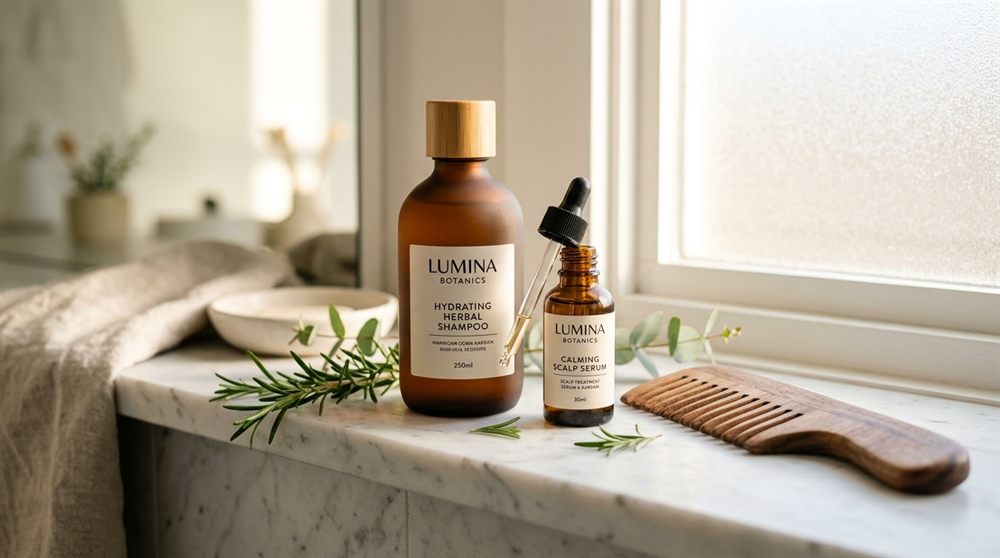 Gentle hair care routine with herbal shampoo, scalp treatment serum, and wide-tooth wooden comb