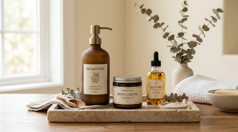 Personal care collection with body lotion, soothing cream, and botanical oil on travertine tray
