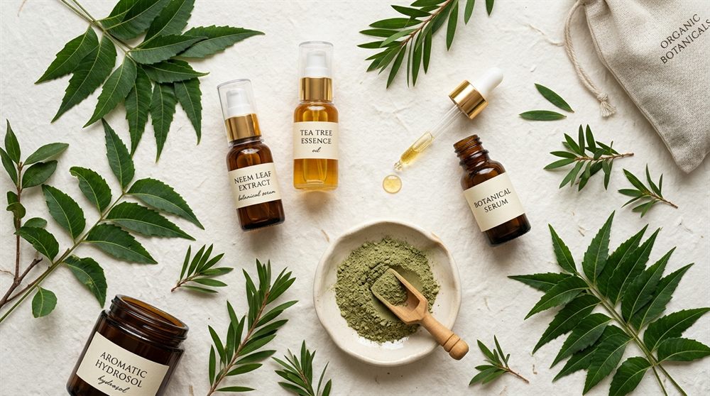 Botanical skincare ingredients flatlay featuring fresh neem leaves, tea tree essence, and botanical serum