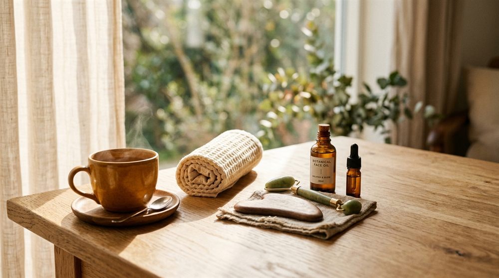Everyday morning wellness routine with herbal tea, waffle linen towel, and natural gua sha